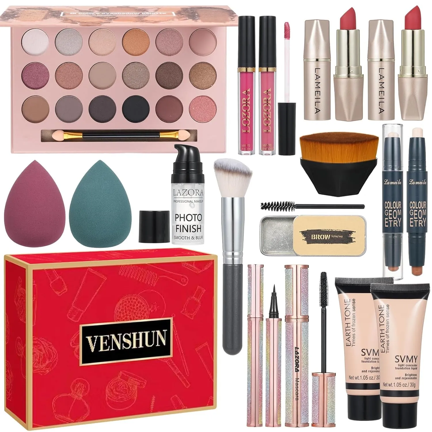 All-in-One Makeup Set: 18-Color Eyeshadow Palette, Lipsticks, Brushes & Eyebrow Essentials