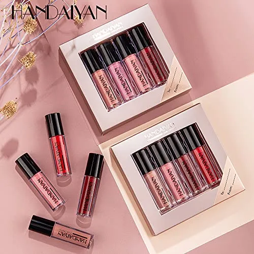 HANDAIYAN Glossy Liquid Lipstick Set - Long-Lasting Waterproof and Smudge Proof LipGloss Liquid Lipsticks for Women in 4 Vibrant Matte Shades - Perfect for Any Occasion! (SET 02 MATTE)