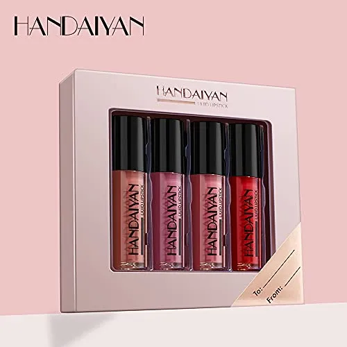 HANDAIYAN Glossy Liquid Lipstick Set - Long-Lasting Waterproof and Smudge Proof LipGloss Liquid Lipsticks for Women in 4 Vibrant Matte Shades - Perfect for Any Occasion! (SET 02 MATTE)