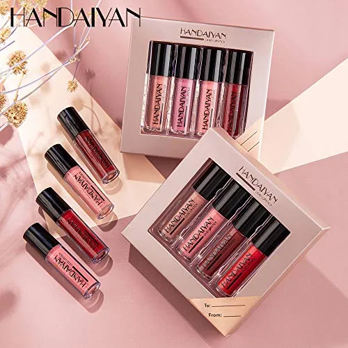 HANDAIYAN Glossy Liquid Lipstick Set - Long-Lasting Waterproof and Smudge Proof LipGloss Liquid Lipsticks for Women in 4 Vibrant Matte Shades - Perfect for Any Occasion! (SET 02 MATTE)