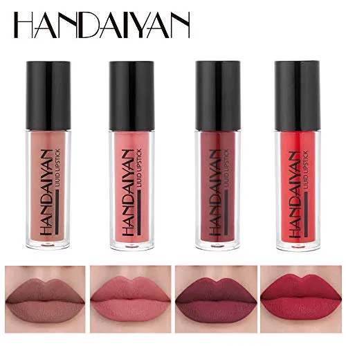 HANDAIYAN Glossy Liquid Lipstick Set - Long-Lasting Waterproof and Smudge Proof LipGloss Liquid Lipsticks for Women in 4 Vibrant Matte Shades - Perfect for Any Occasion! (SET 02 MATTE)