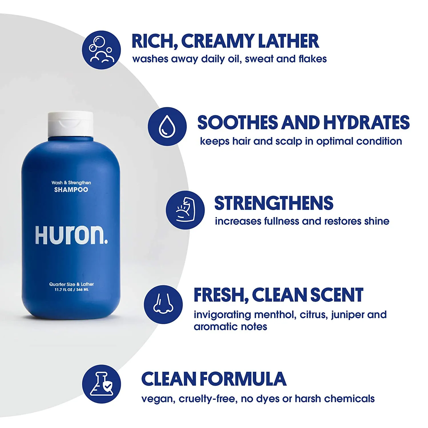 Huron - Men'S Wash & Strengthen Shampoo. Hydrating Shampoo Cleans and Nourishes as It Keeps Hair Strong, Full and Healthy Looking. Clean, Fresh Scent. Sulfate-Free, 100% Vegan and Cruelty-Free