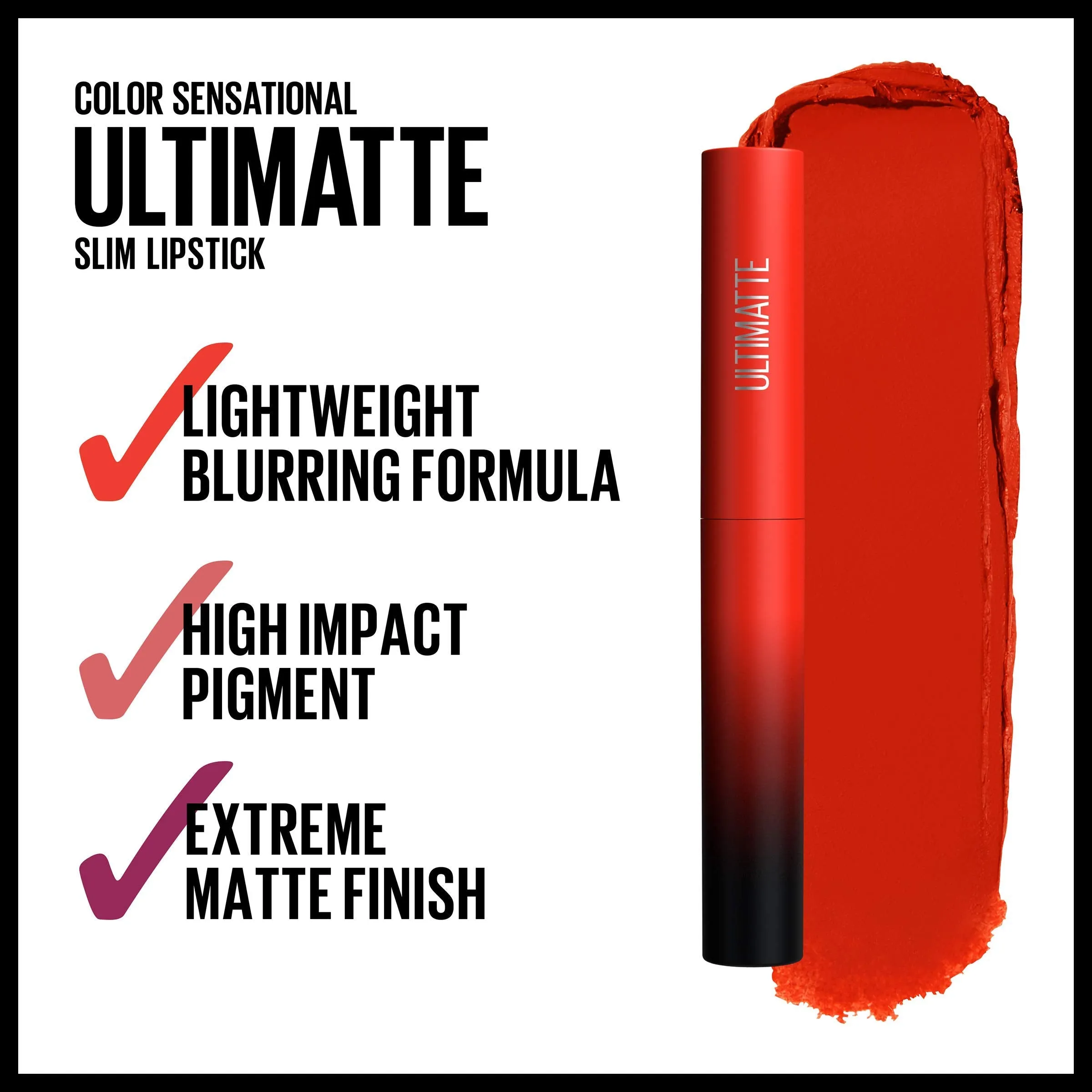 Maybelline Color Sensational Ultimatte Matte Lipstick, Non-Drying, Intense Color Pigment, More Scarlet, Scarlet Red, 1 Count